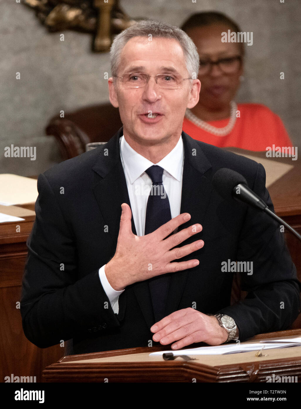 Jens Stoltenberg, Segretario Generale dell'Organizzazione del Trattato del Nord Atlantico (NATO) risolve una sessione congiunta del Congresso degli Stati Uniti del Campidoglio di Washington il Mercoledì, 3 aprile 2019. Credito: Ron Sachs/CNP /MediaPunch Foto Stock