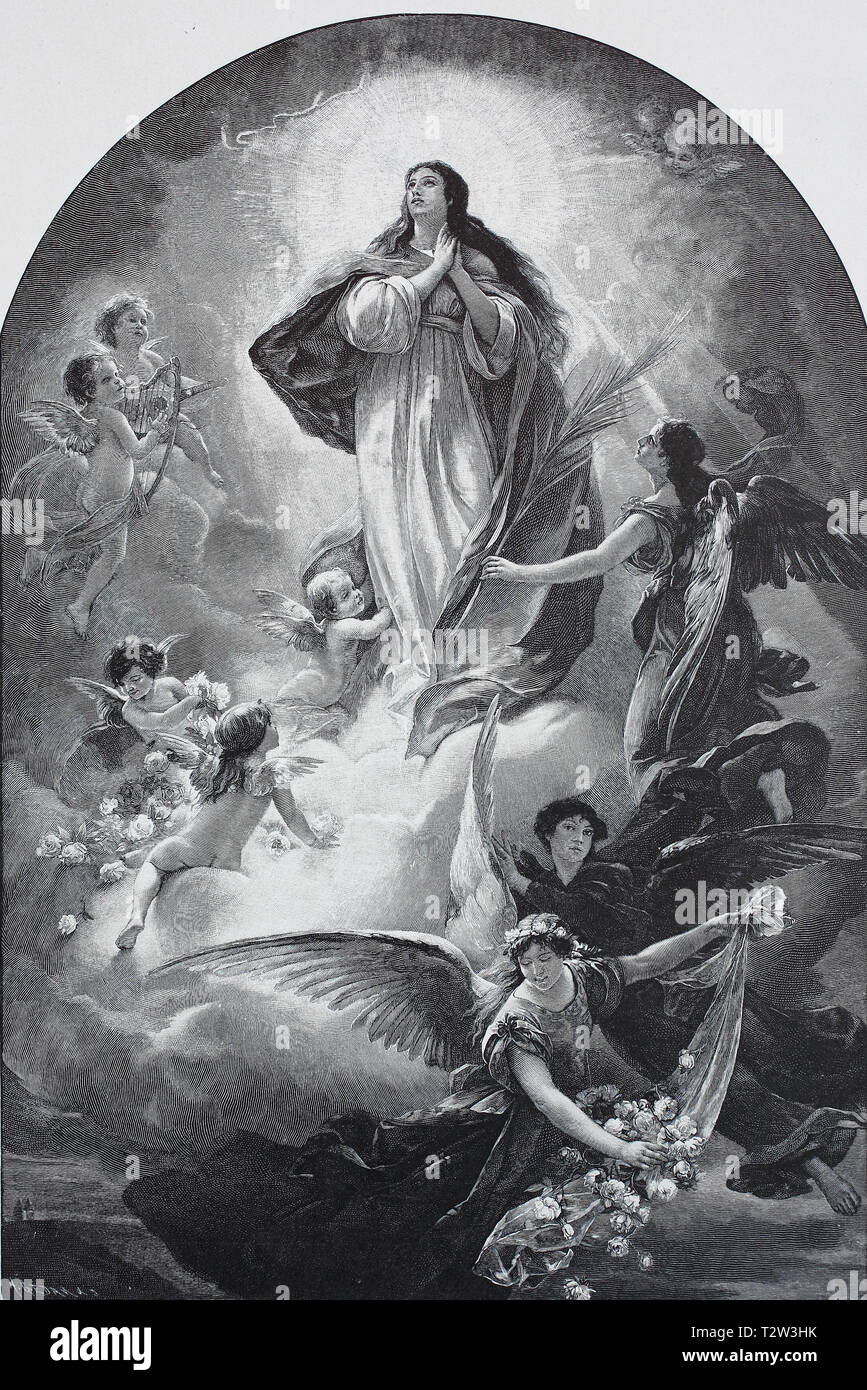 Madonna dipinta da Ludwig Löfftz. Da angeli nel cielo controllata Madre di Dio Maria, gemalt von Ludwig Löfftz. Von Engeln in den Himmel geführte Gottesmutter Maria Foto Stock
