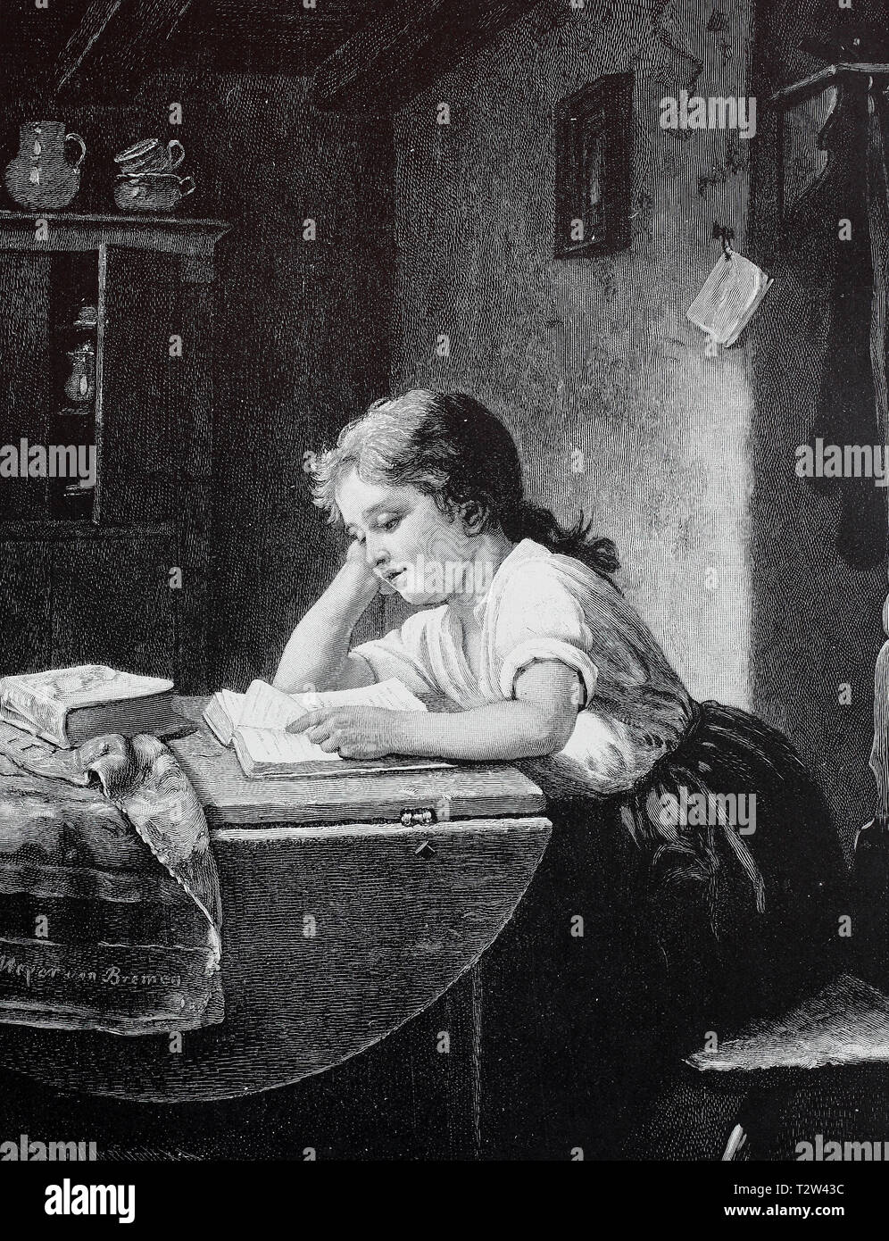 School girl letture a casa con cautela in un libro, Schulmädchen liest zuhause aufmerksam in einem Buch Foto Stock