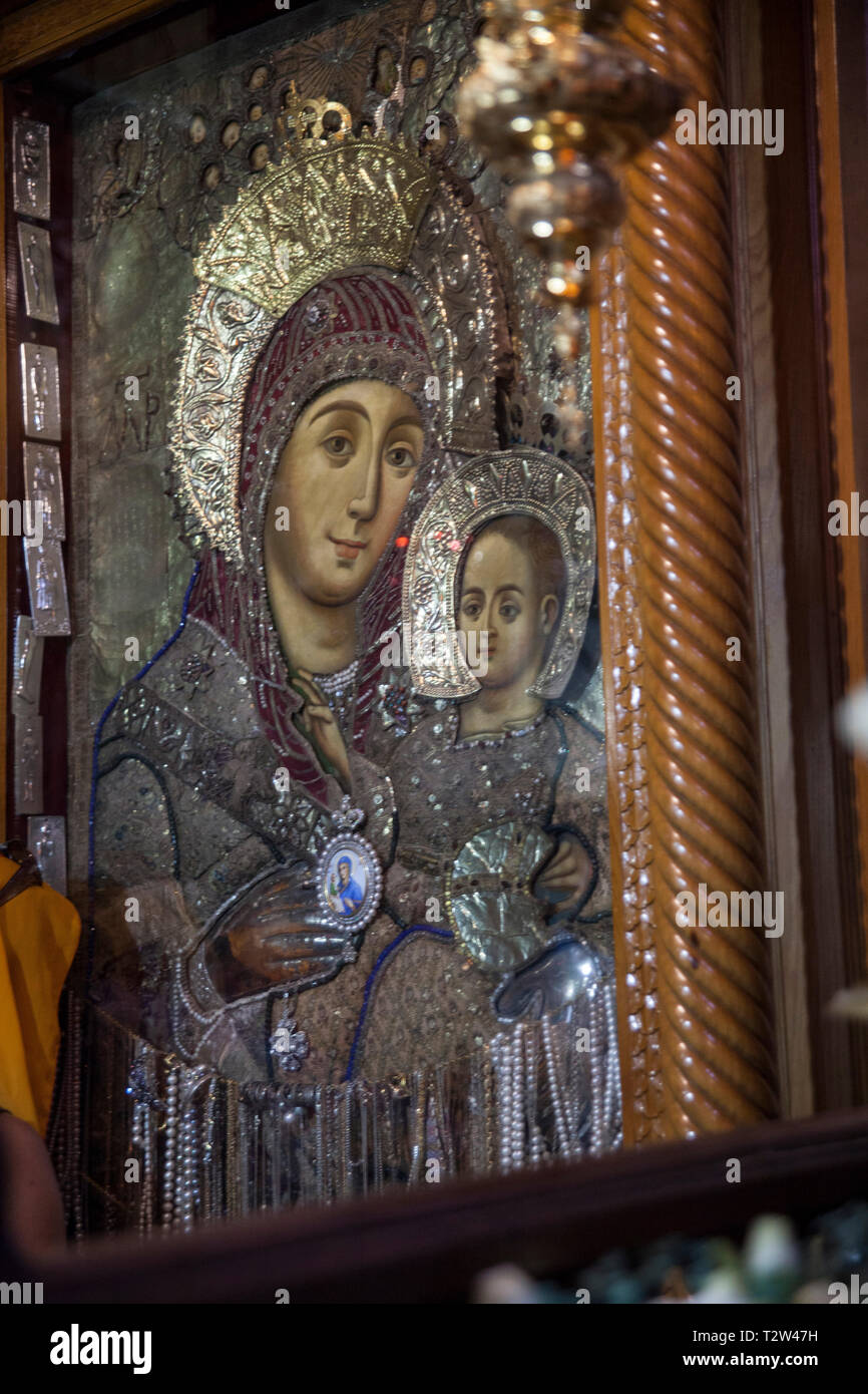 Cisgiordania, Betlemme: rappresentazione della Madonna e il bambino nella Chiesa della Natività, considerata il luogo di nascita di Gesù *** Captio locale Foto Stock
