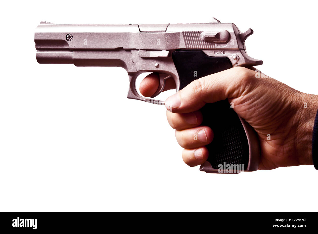Maschio di puntamento a mano una pistola, isolato Foto Stock