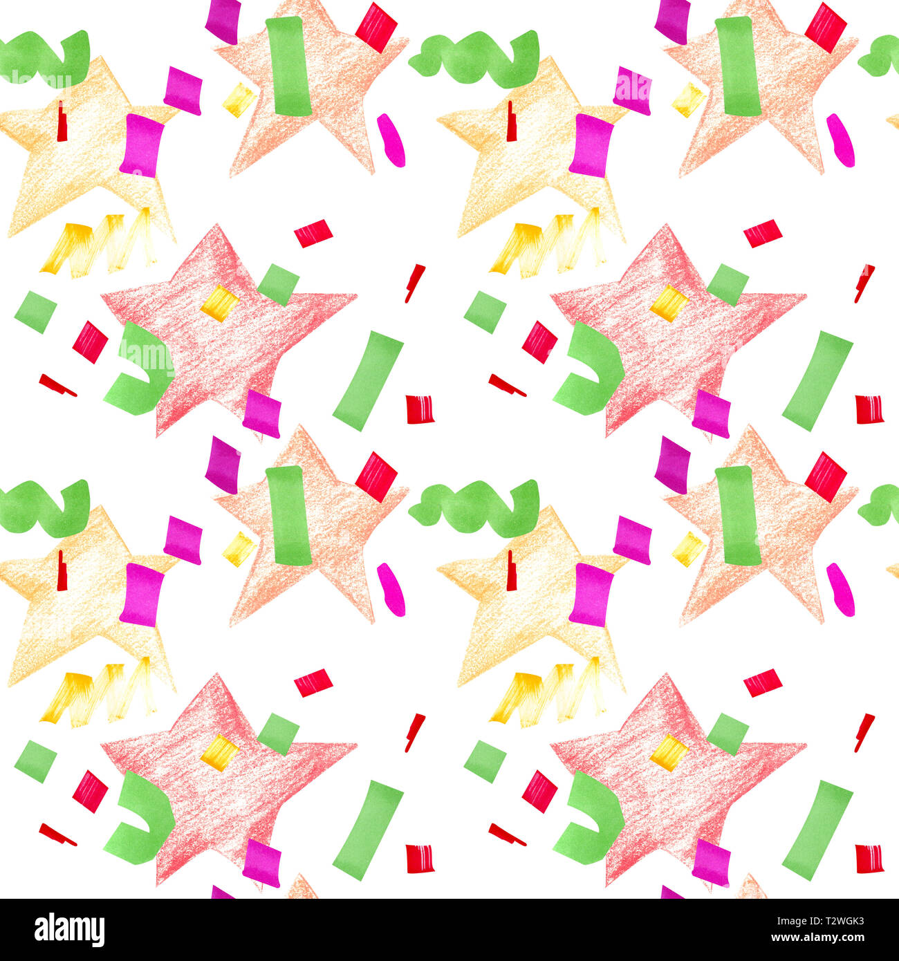 Festive seamless pattern con stelle e coriandoli. Abstract seamless pattern con il giallo, l'arancione e il rosso stelle, viola, verde, rosso e geometriche dorato Foto Stock