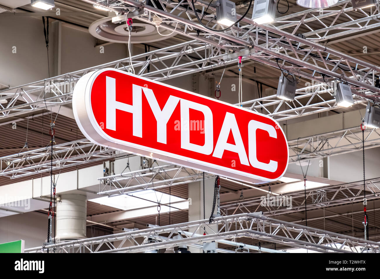 HANNOVER / Germania - 02 Aprile 2019 : Hydac da è di presentare le loro ultime novità alla fiera di Hannover. Foto Stock