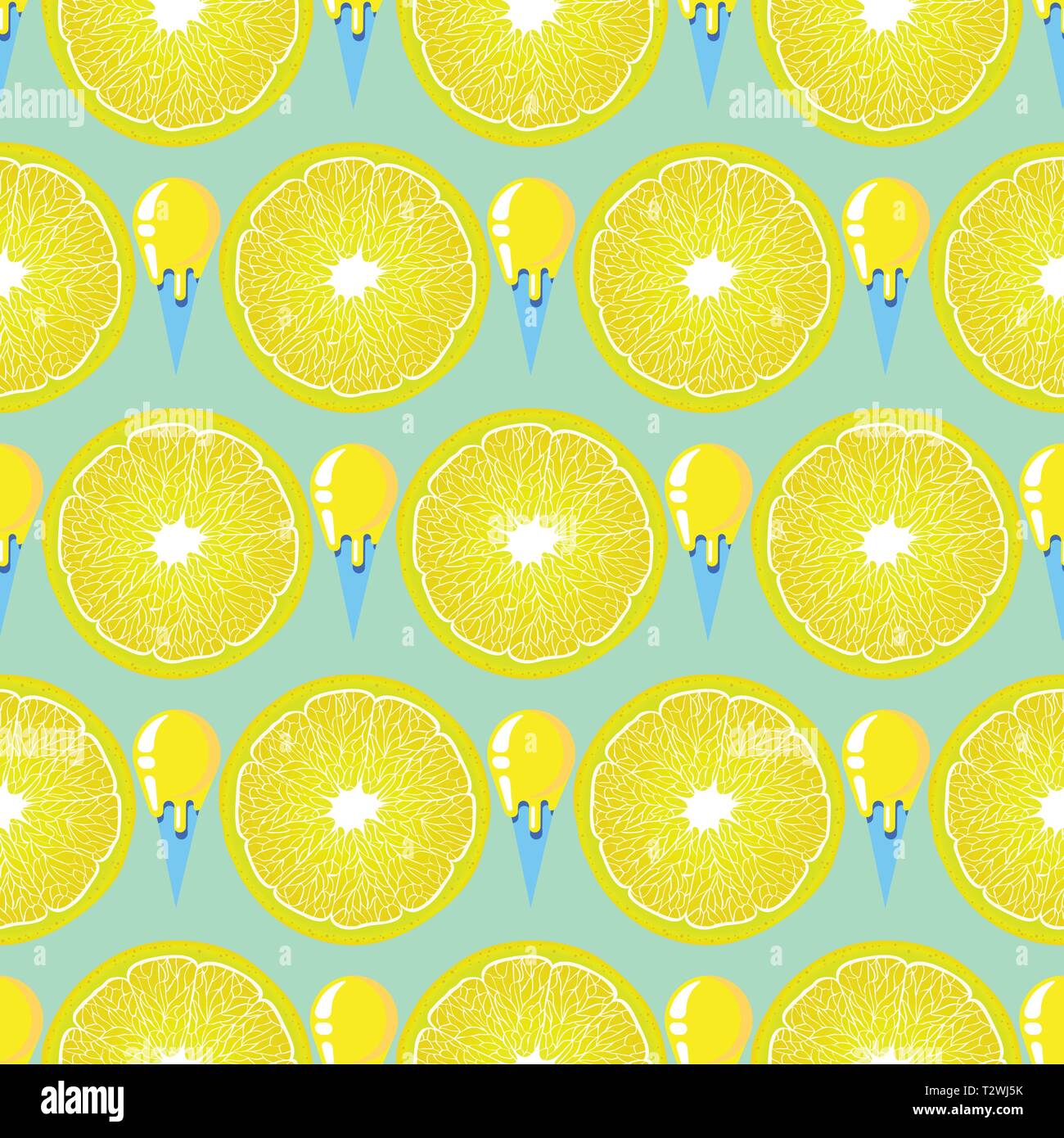 Modello senza soluzione di continuità con le fette di limone e gelato sfondo. Modello di superficie.it può essere perfetto per tessuto, il confezionamento, l'imballaggio, carta digitale e più. Illustrazione Vettoriale