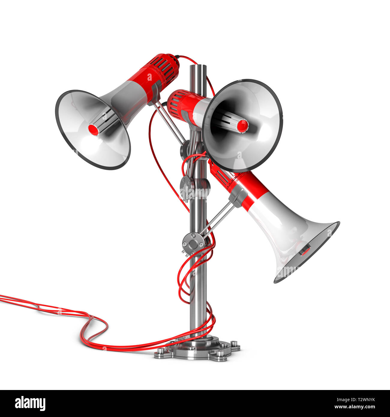 3D illustrazione di tre altoparlanti montati su un palo su sfondo bianco. Foto Stock