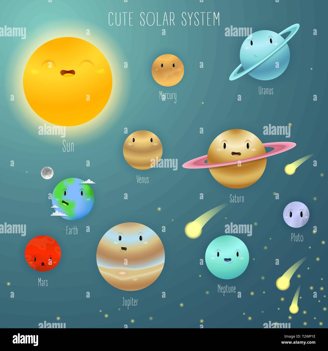 Set di vector cartoon pianeti del sistema solare. Fumetto colorati personaggi divertenti. L'istruzione dei bambini. La carta da parati, sfondo, simboli, modello per il web Illustrazione Vettoriale
