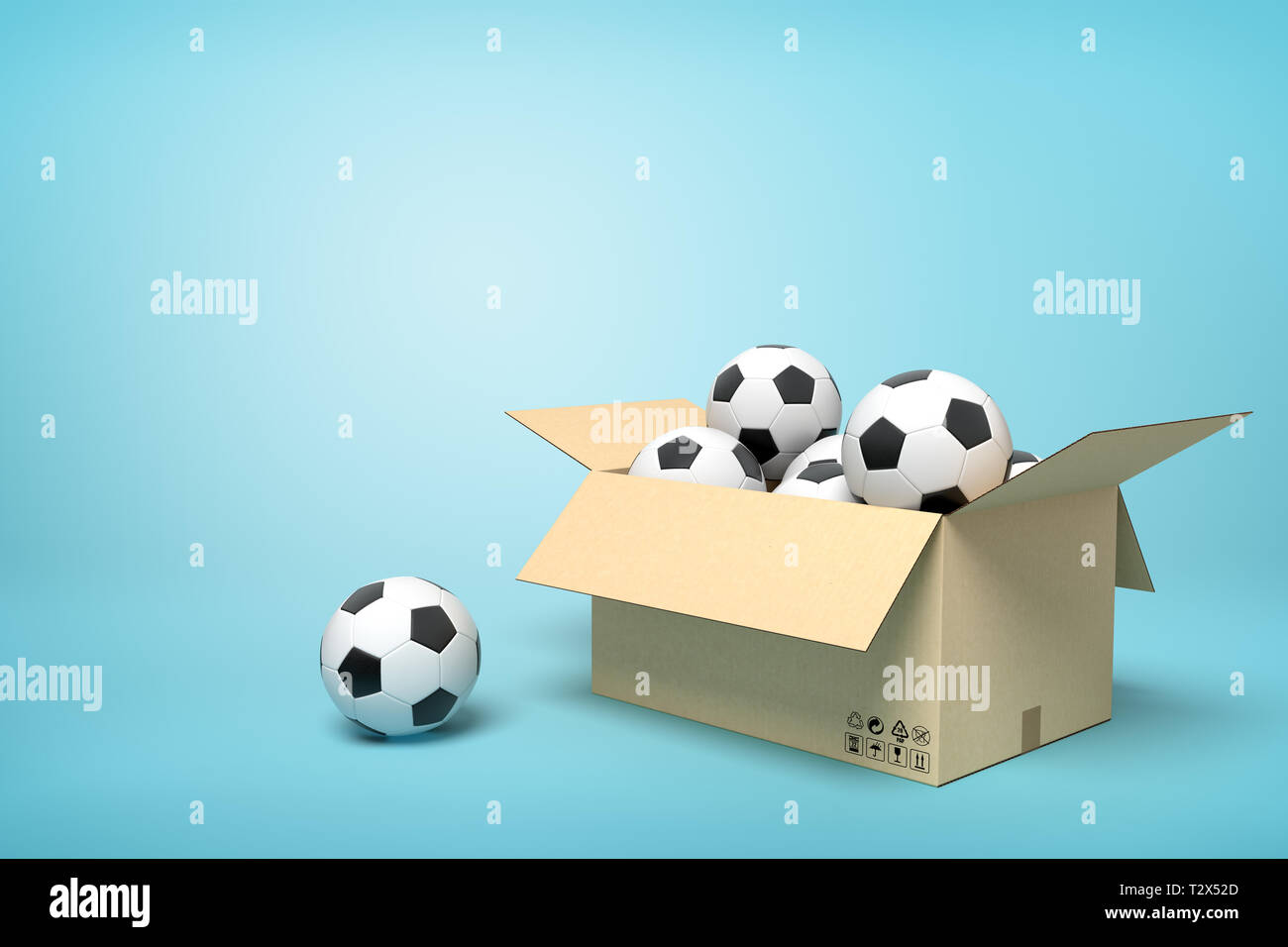 3D rendering di scatola di cartone piena di palloni da calcio e uno accanto  al calcio sulla luce-sfondo blu. Sporting Goods. Palestra forniture. La  febbre del calcio Foto stock - Alamy