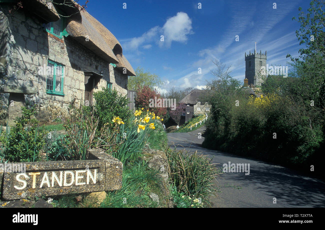 Cottage con il tetto di paglia e e la parrocchia di Tutti i Santi nella chiesa Godshill, Isola di Wight Foto Stock