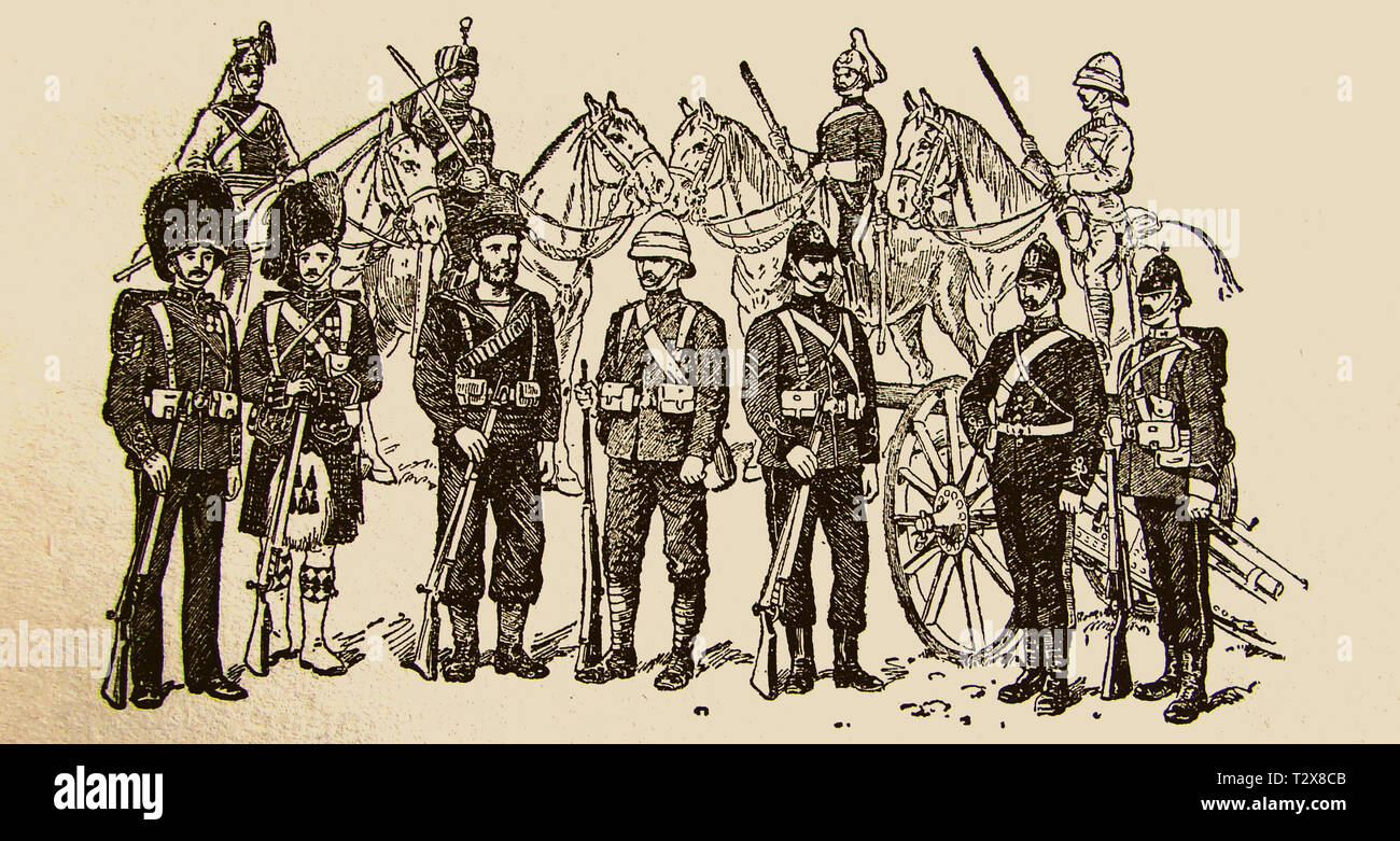 1922 l'immagine che mostra tutti gli standard militari britannici vestire e uniformi (soldati, marinai, esercito, fanteria scozzese e cavalleria montata in quel momento Foto Stock