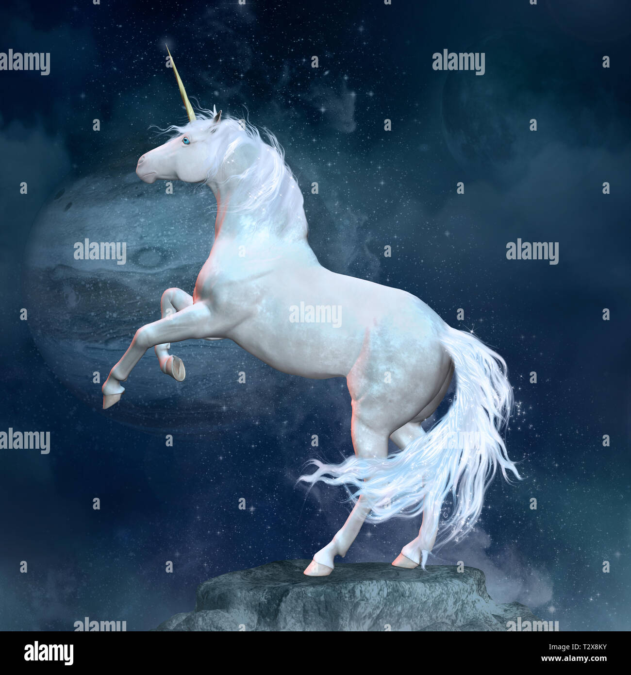 Bella unicorn su una roccia in un paesaggio di spazio Foto Stock