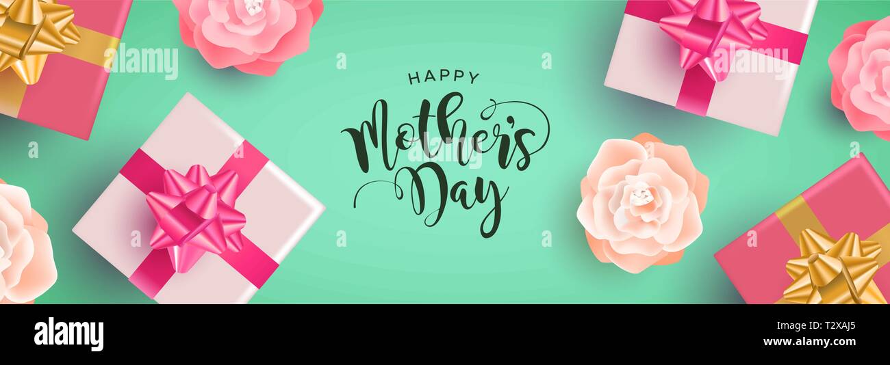 La festa della mamma I banner web illustrazione, realistici fiori di primavera e confezioni regalo con la calligrafia citazione di testo su sfondo rosa. Illustrazione Vettoriale