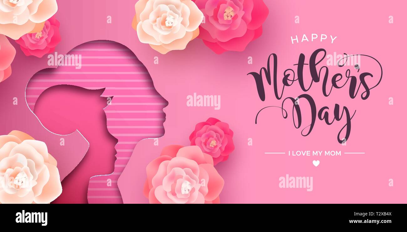 Festa della Mamma card illustrazione in stile papercut per best mom. Ritaglio della carta madre con bambino e realistica di fiori di colore rosa. Illustrazione Vettoriale