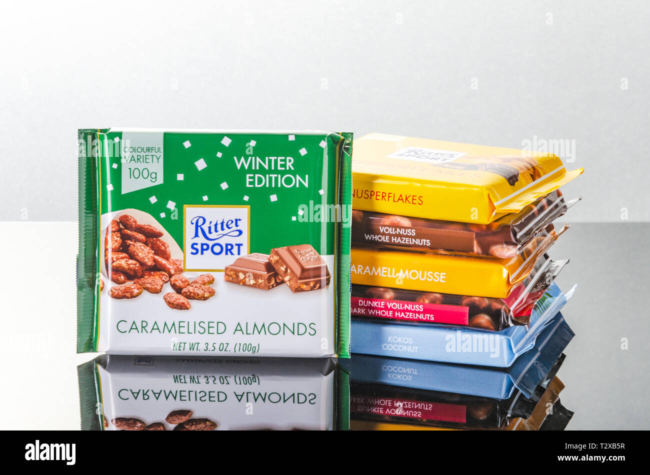 Varietà di Ritter Sport barrette di cioccolato Foto Stock