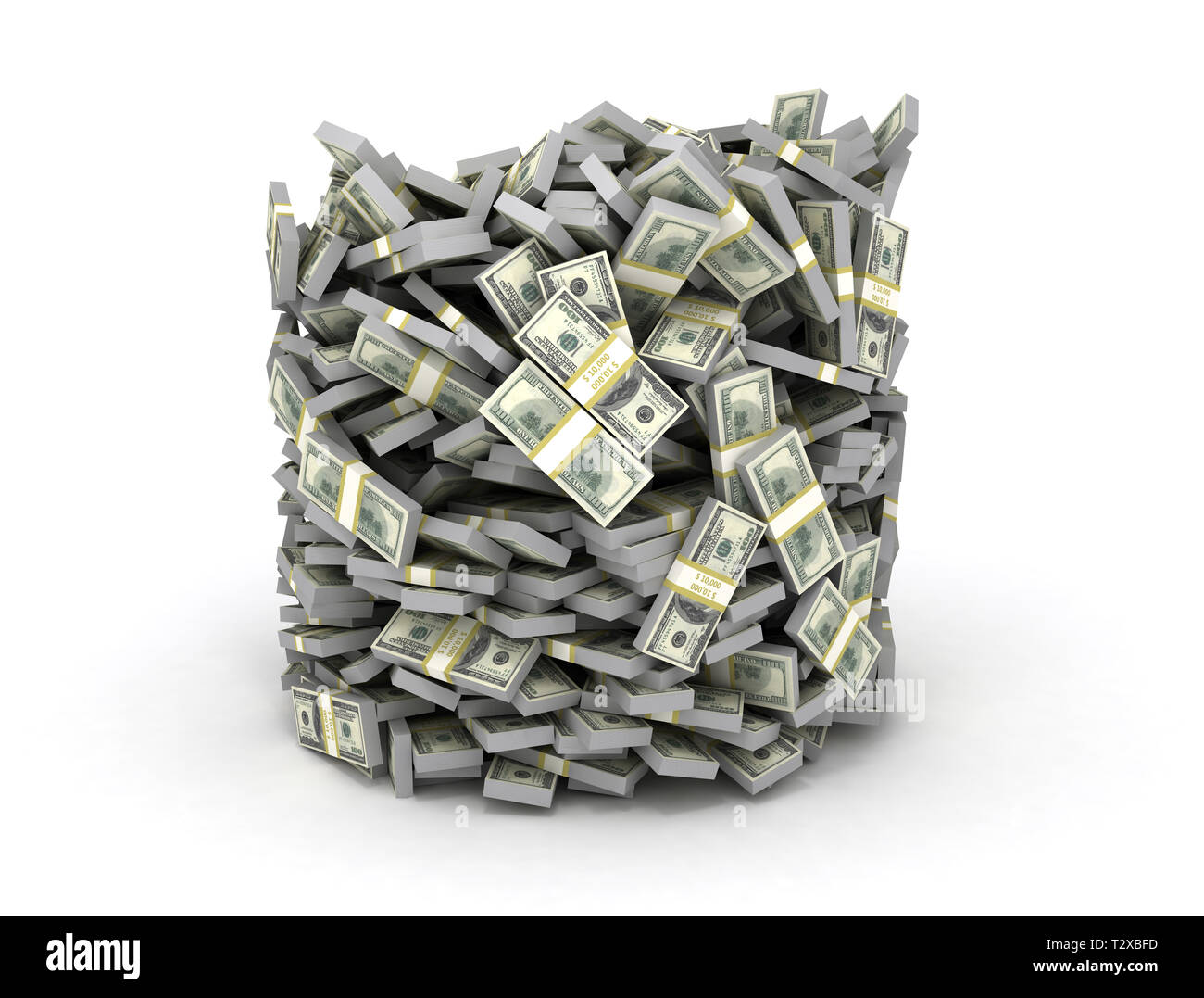 Tubi impilati sotto forma di dollari isolati su sfondo bianco. Benna di contanti Foto Stock