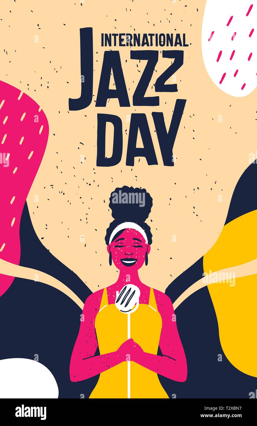 International Jazz giorno poster retrò illustrazione di nero donna cantante con colorato sfondo astratto per concerto di musica evento. Illustrazione Vettoriale