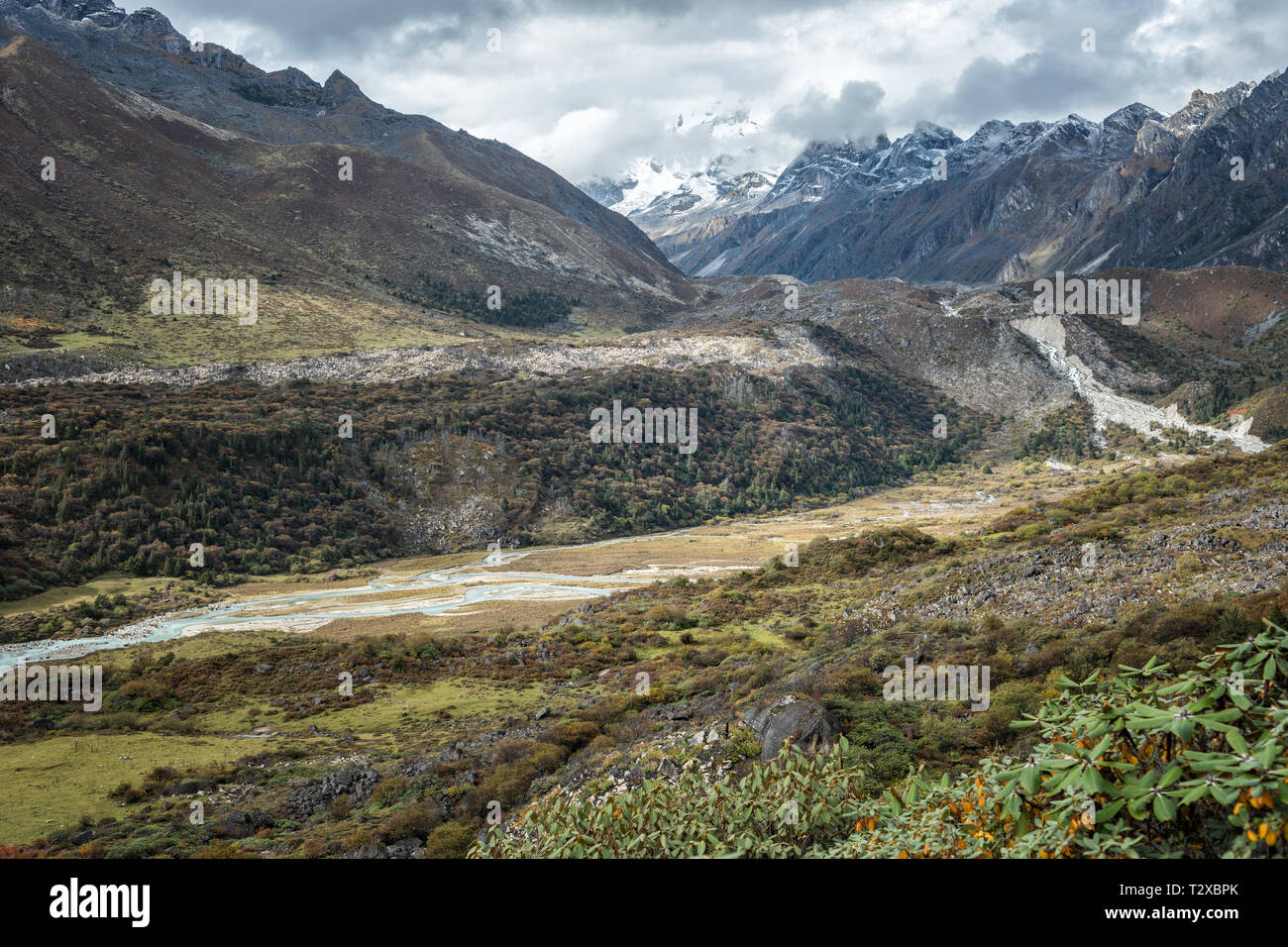 Valle tra il villaggio di Woche e Thrika camp, Gasa distretto, Snowman Trek, Bhutan Foto Stock