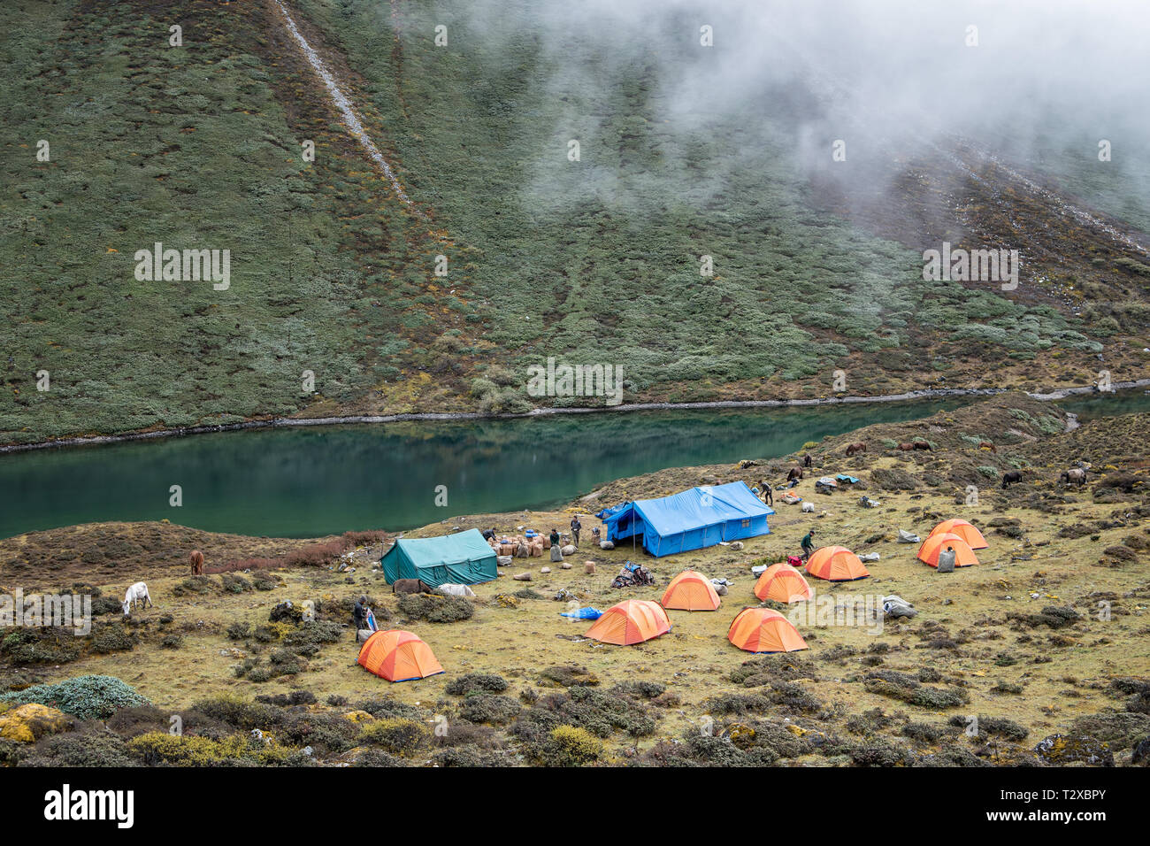 Thrika camp vicino a un piccolo lago, Gasa distretto, Snowman Trek, Bhutan Foto Stock