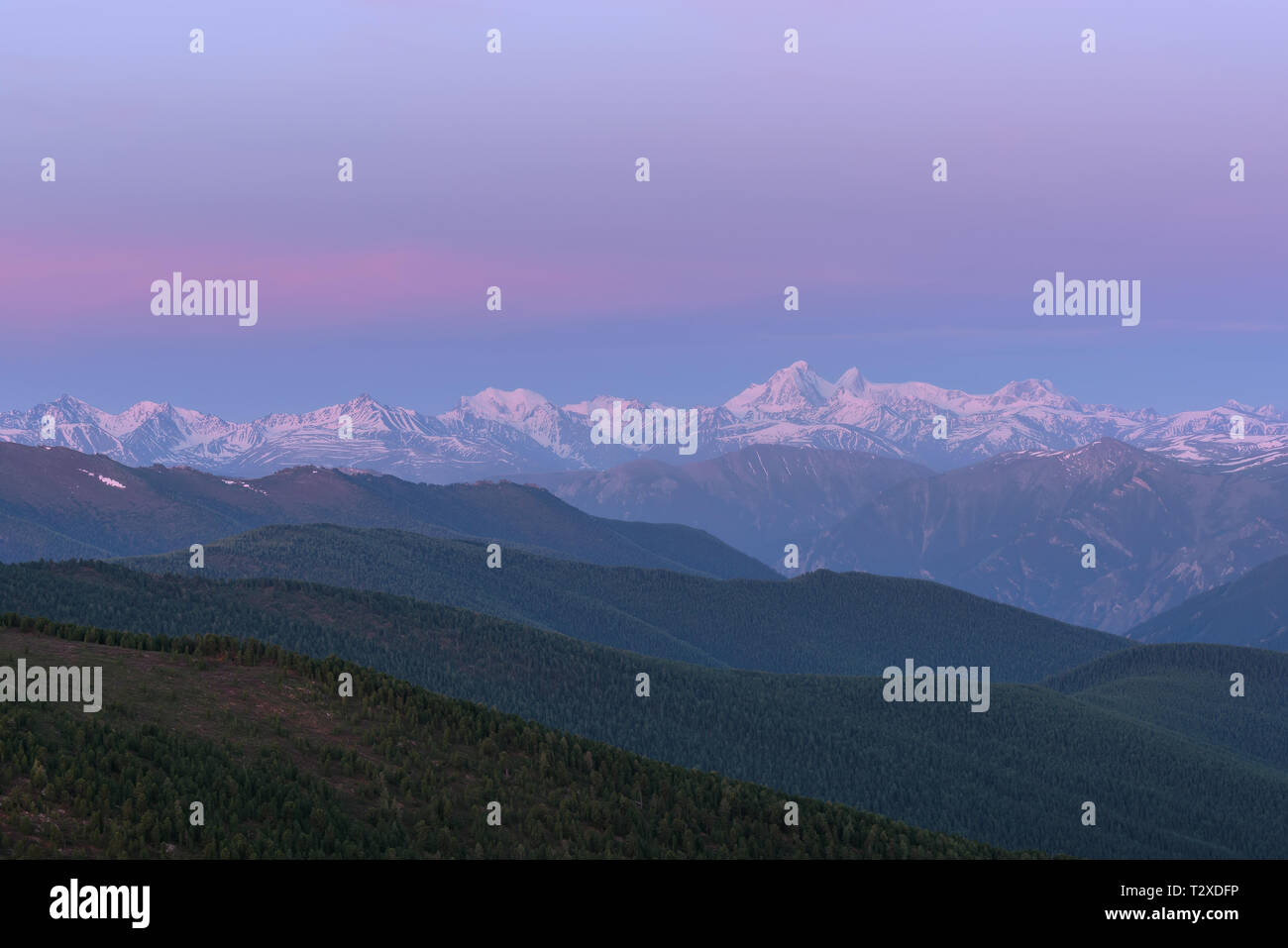 Scenic rosa alba con belle montagne innevate vette, i contorni delle montagne e pendii delle montagne coperte di foreste Foto Stock