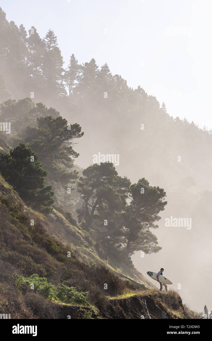 Un surfista passeggiate lungo un sentiero sulla spiaggia in Mendocino County, California. Foto Stock