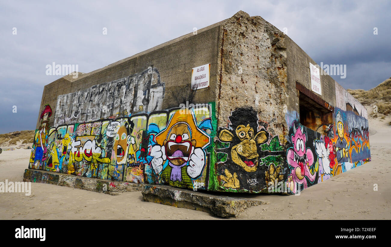 Durante la Seconda Guerra Mondiale tedesco di bunker, resti di Atlantic Wall, Berck-Plage, Hauts de France, Francia Foto Stock