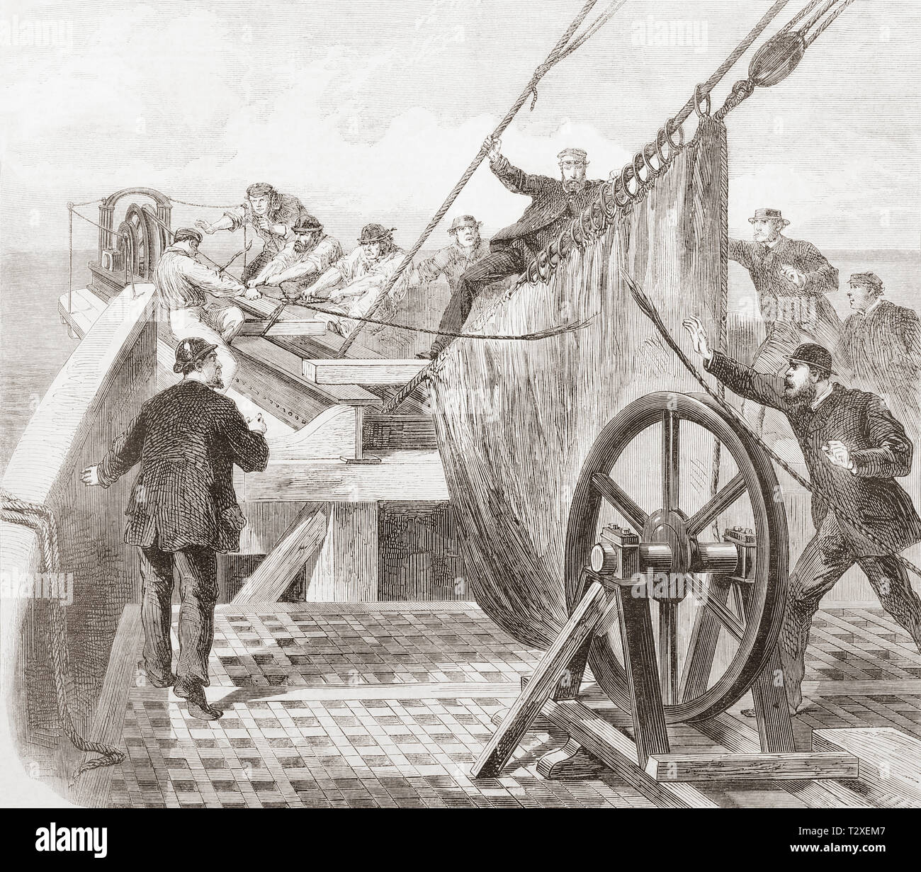 La rottura della Atlantic Telegraph cavo sul bordo della Great Eastern. Dal Illustrated London News, pubblicato 1865. Foto Stock