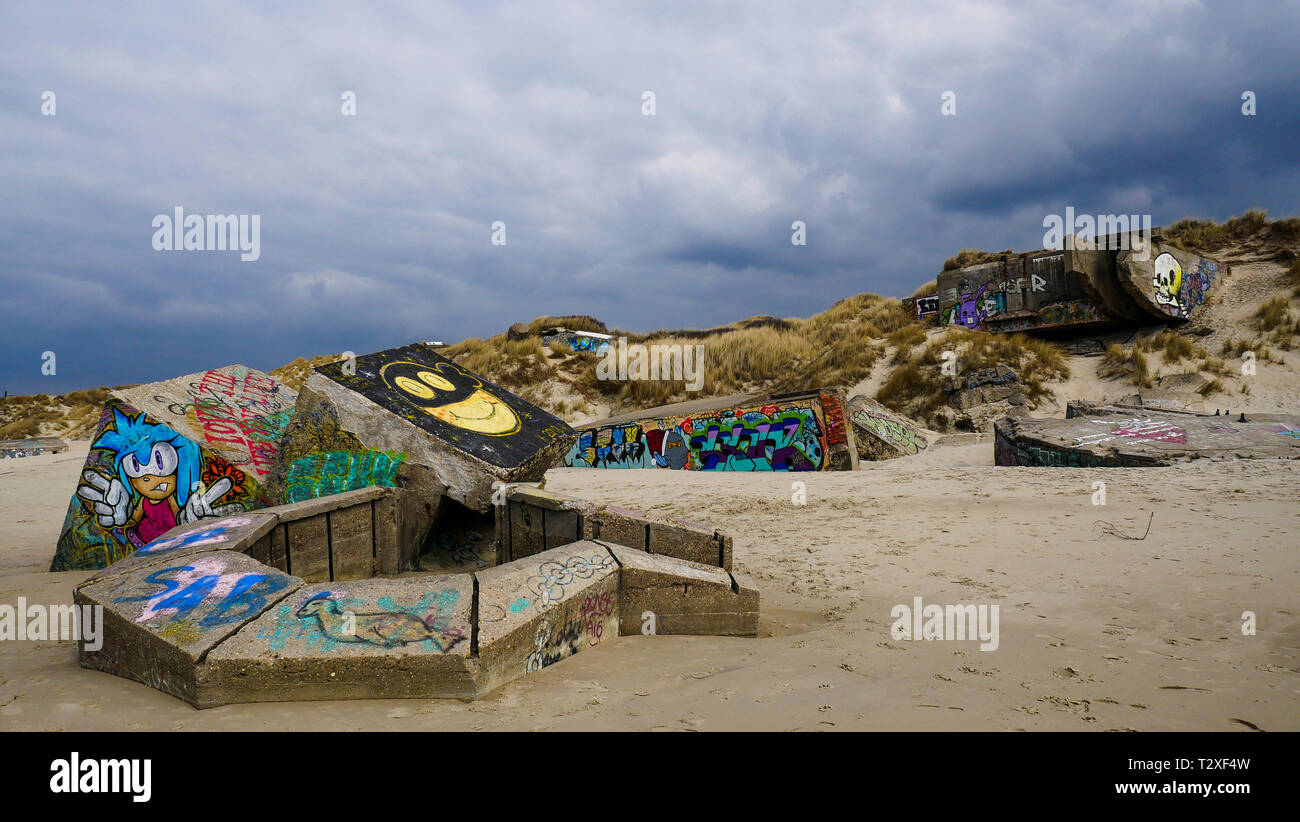 Durante la Seconda Guerra Mondiale tedesco di bunker, resti di Atlantic Wall, Berck-Plage, Hauts de France, Francia Foto Stock