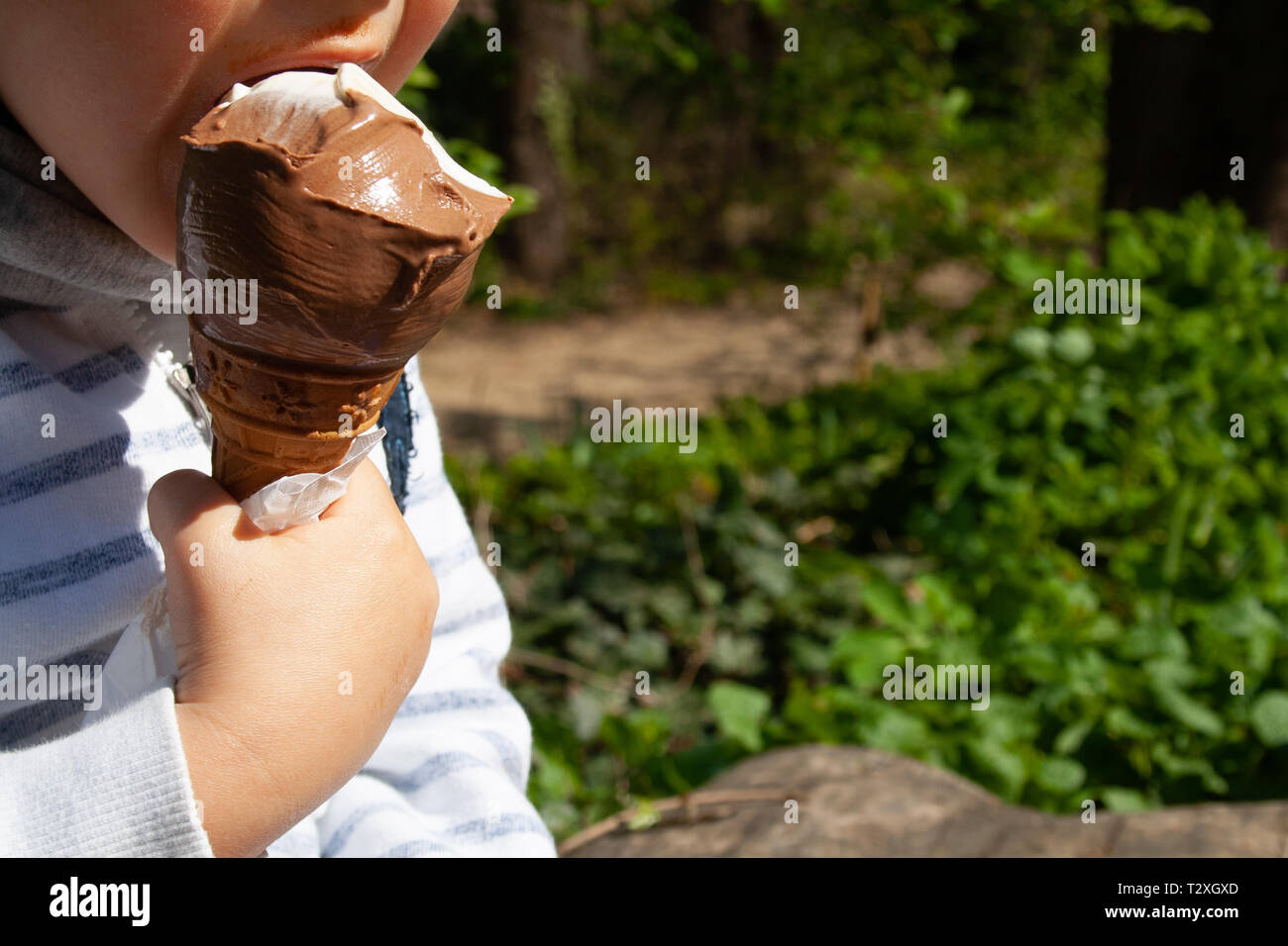 Carino bambino mangiare cioccolato cono gelato in estate in un parco. Ragazzino, piccola mano, senza volto, close up Foto Stock