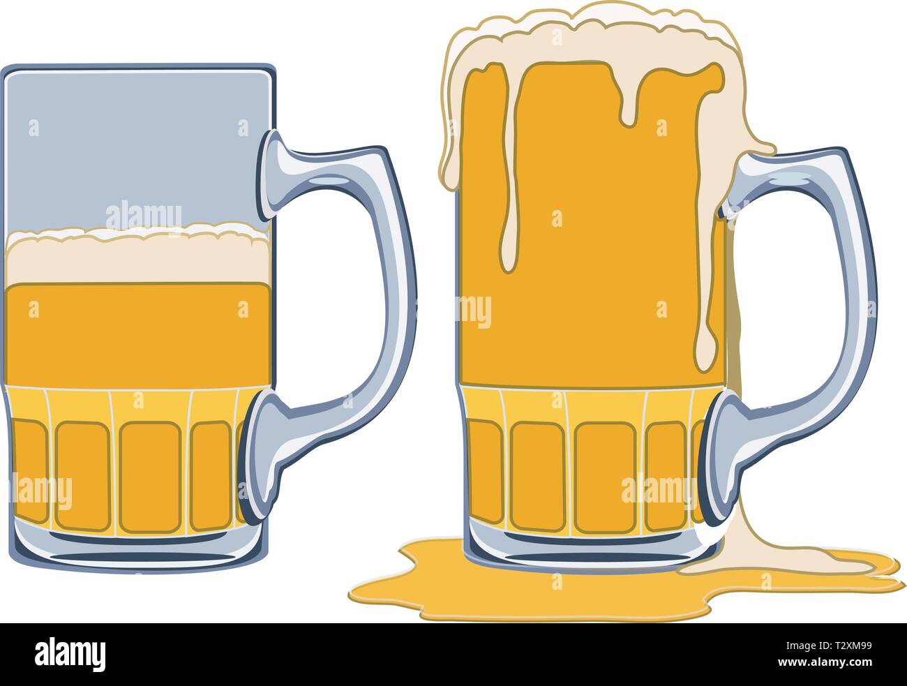 La birra bicchiere mezzo pieno o mezzo vuoto. Una tazza è traboccante e debordi sul terreno. Illustrazione Vettoriale