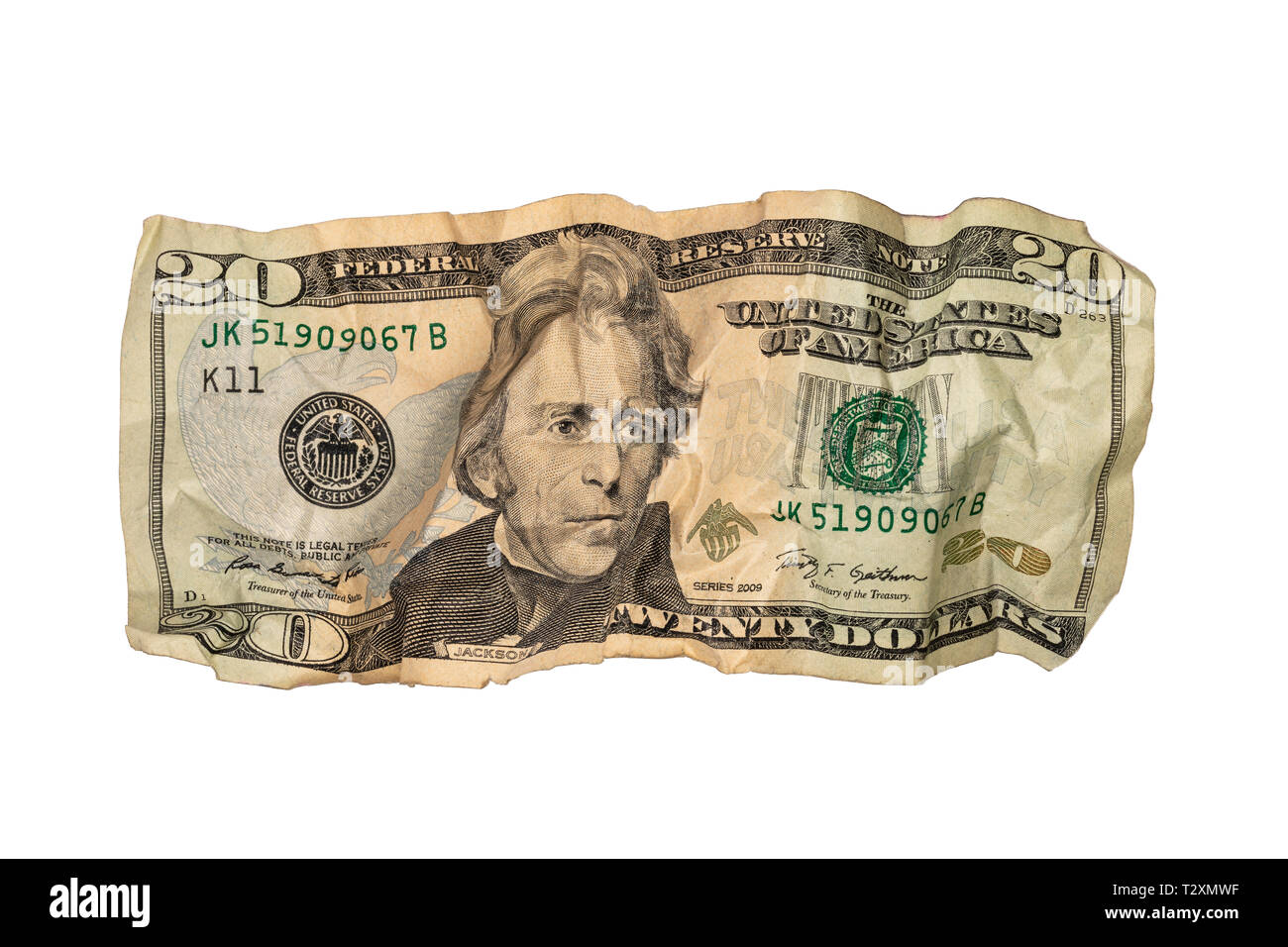 Crumpled venti dollari Foto Stock