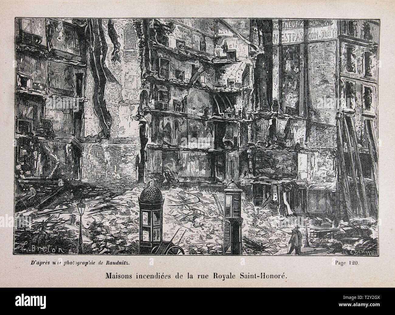 Bruciate le case sulla rue Royale Saint-Honore durante la Comune di Parigi del 1871. Incisione dopo una fotografia. Foto Stock