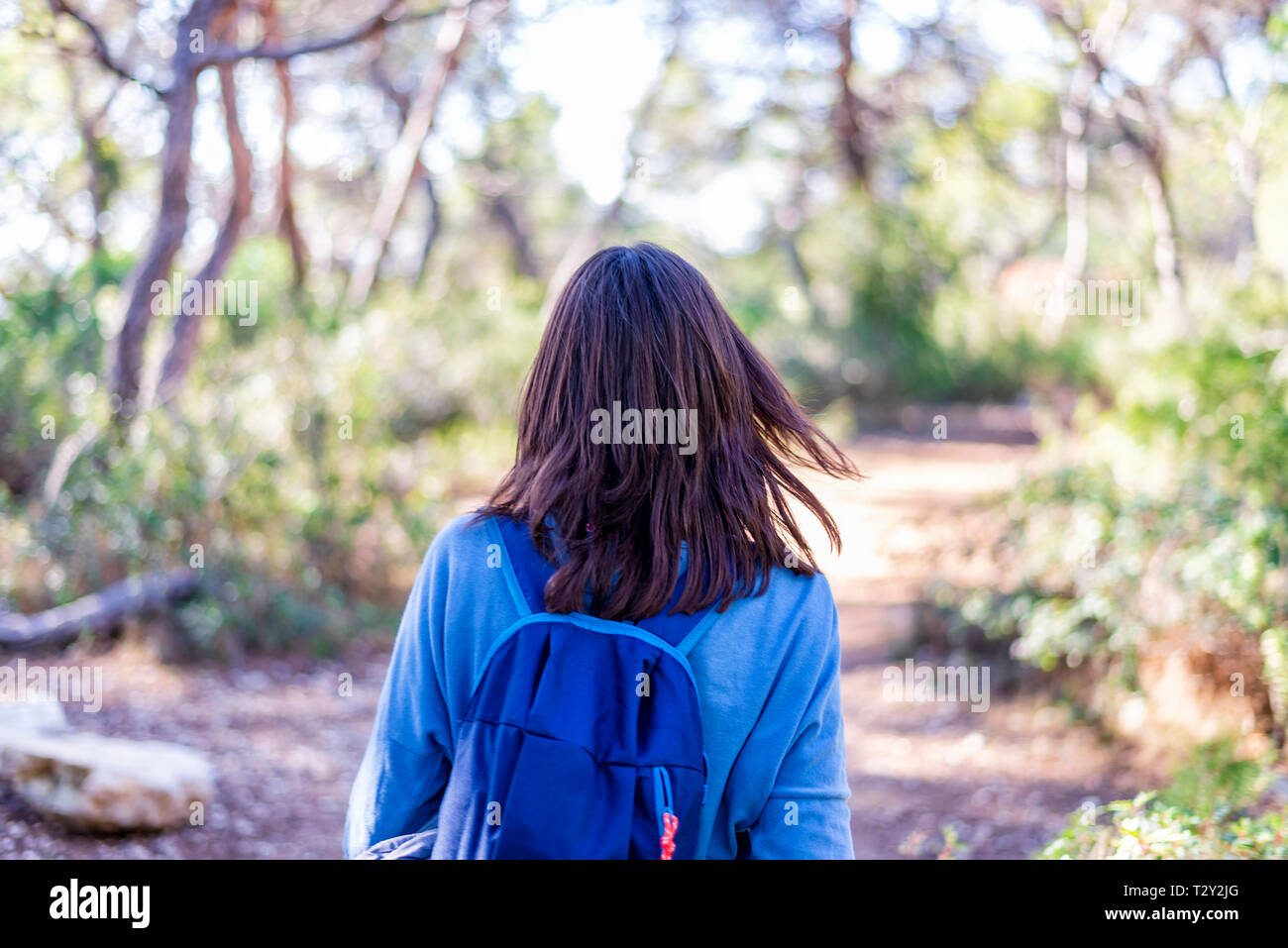 Vista posteriore di una donna per backpacker passeggiate nella foresta Foto Stock