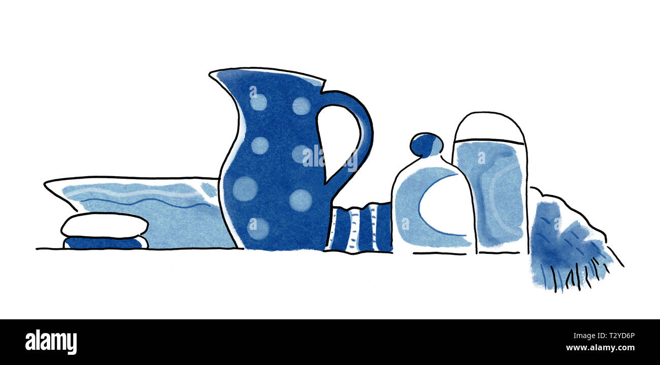 Oggetti per spa, sauna, cura del corpo, brocca di acqua, sapone, shampoo e un asciugamano. Mezzi per il mattino e la sera abito, pittura ad acquerello illustrazione di Foto Stock