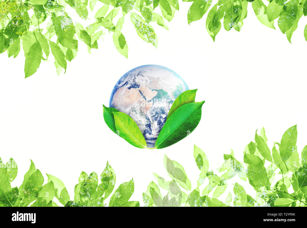 Mondo la Giornata della Terra, Ambientale segno astratto simbolo. Il mondo con foglie verdi. Elemento di questa immagine sono arredate dalla NASA Foto Stock