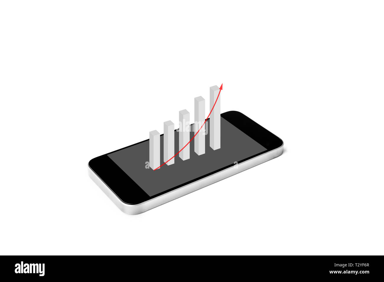 Telefono cellulare con finanziarie crescenti grafico a barre sullo schermo, isolato su sfondo bianco Foto Stock