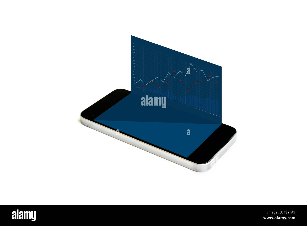 Mobile smart phone con schermata blu e grafico finanziario, isolato su sfondo bianco Foto Stock