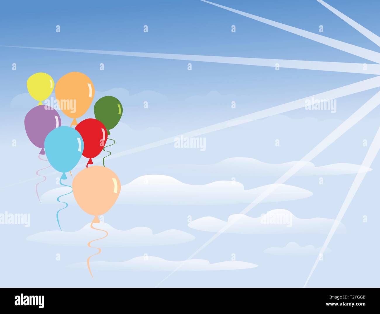 Gruppo di palloncini colorati è flottante su un cloud. Vi è la luce dal sole che splende,cielo blu sullo sfondo Illustrazione Vettoriale