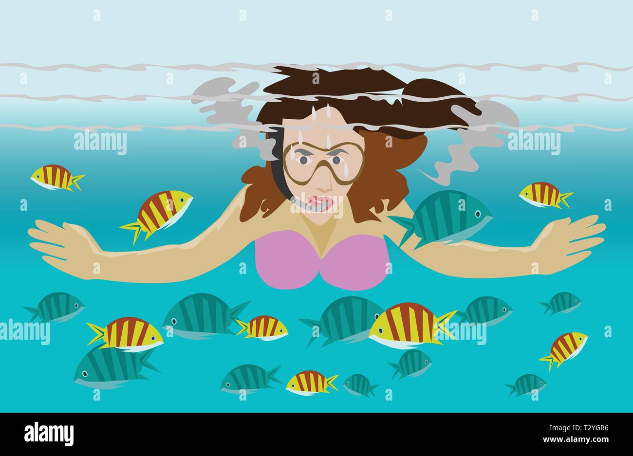 Le donne sono le immersioni in mare per vedere i pesci sfondo sottomarino Illustrazione Vettoriale