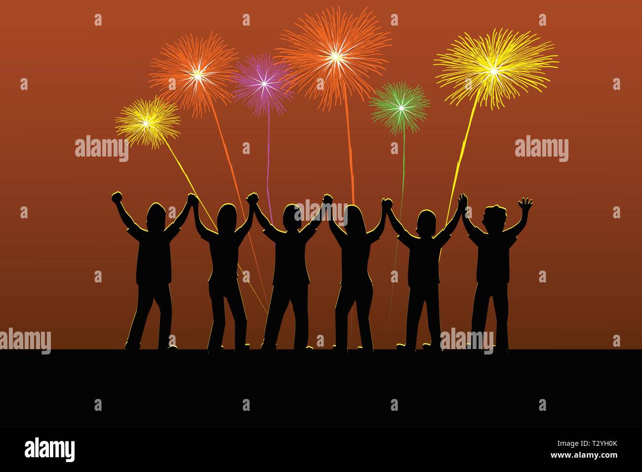 Silhouette di sei persone sono tenendo le mani volentieri quando ci sono i fuochi d'artificio fulmini nel cielo. Illustrazione Vettoriale