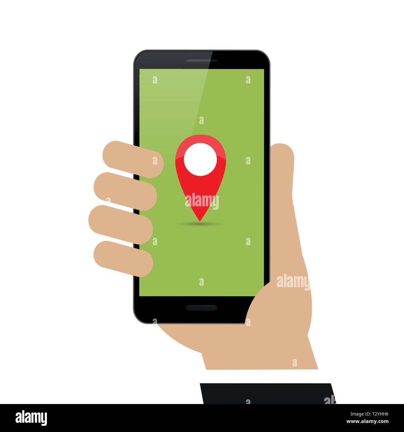 Mano trattiene lo smartphone con il puntatore della mappa sulla navigazione nel display isolati su sfondo bianco illustrazione vettoriale EPS10 Illustrazione Vettoriale
