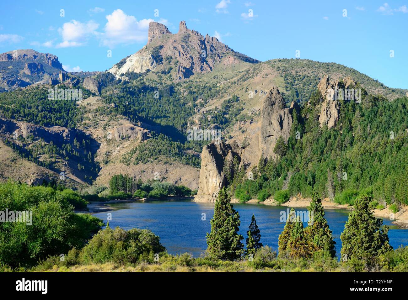 Valle Verde a Rio Limay, Valle Encantado, Ande, Provincia di Neuquen, Patagonia, Argentina Foto Stock