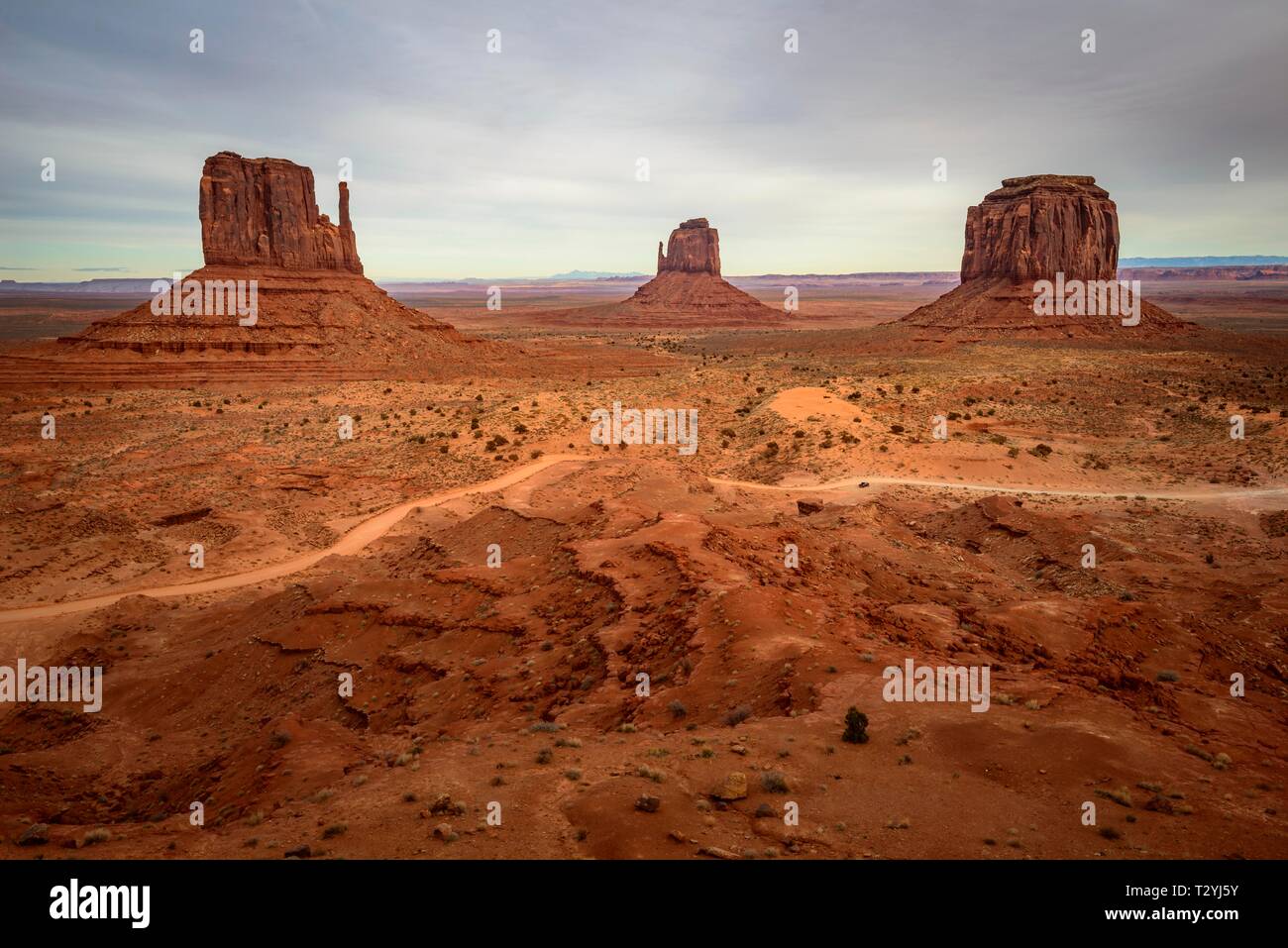 Mesas, West Mitten Butte, Est Mitten Butte, Merrick Butte, Scenic Drive, il parco tribale Navajo Monument Valley, Navajo Nation, Arizona, Utah, Stati Uniti d'America Foto Stock