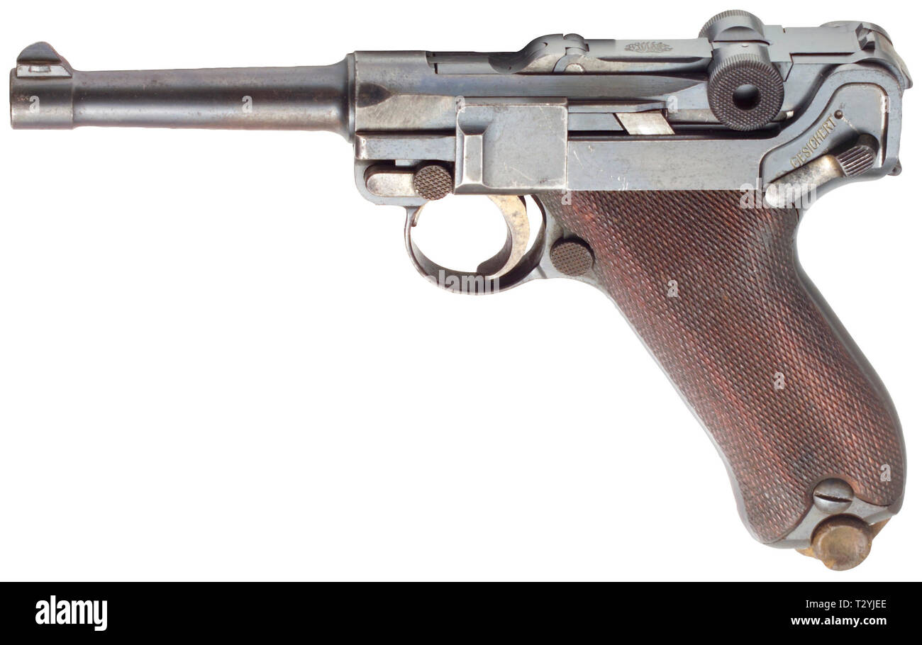 Piccole armi, pistole, Luger pistola 08, Parabellum calibro 9 mm, fabbricato da Deutsche Waffen- und Munitionsfabriken, Additional-Rights-Clearance-Info-Not-Available Foto Stock