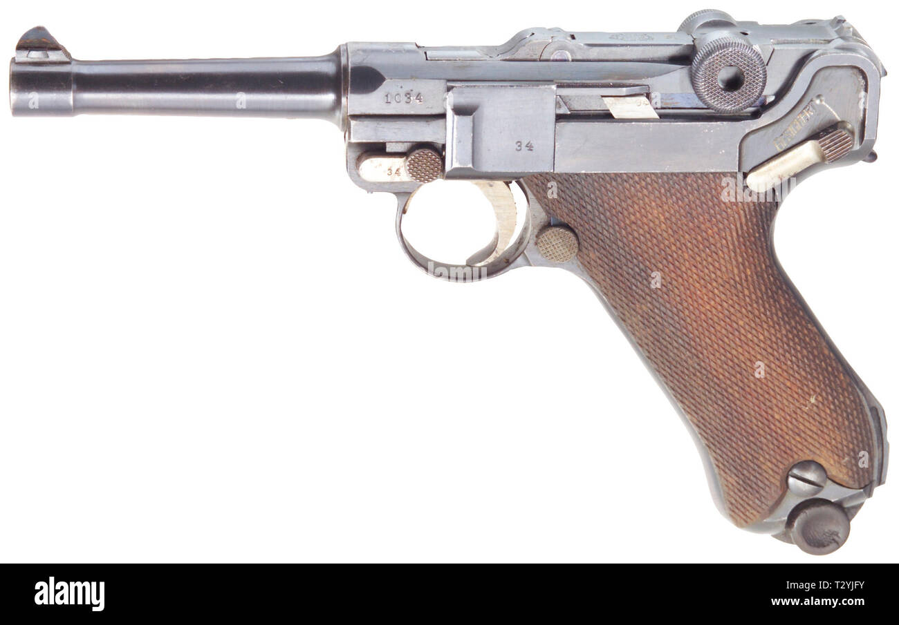 Piccole armi, pistole, Luger pistola 08, Parabellum calibro 9 mm, fabbricato da Deutsche Waffen- und Munitionsfabriken, Additional-Rights-Clearance-Info-Not-Available Foto Stock