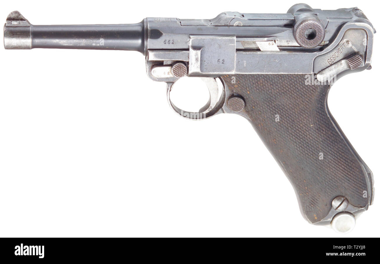 Piccole armi, pistole, Luger pistola 08, Parabellum calibro 9 mm, fabbricato da Deutsche Waffen- und Munitionsfabriken, Additional-Rights-Clearance-Info-Not-Available Foto Stock