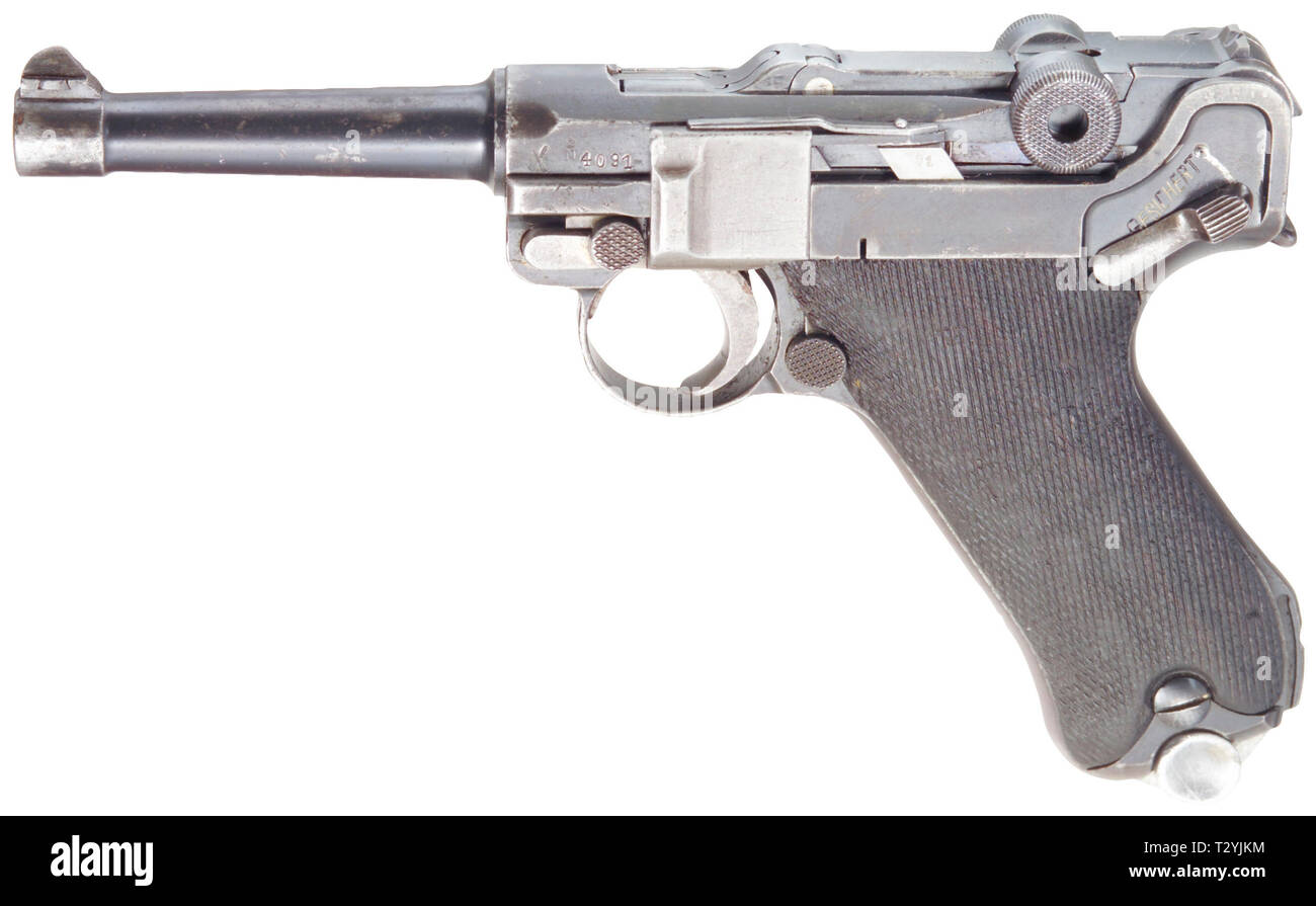 Piccole armi, pistole, Luger pistola 08, Parabellum calibro 9 mm, fabbricato da Deutsche Waffen- und Munitionsfabriken, Additional-Rights-Clearance-Info-Not-Available Foto Stock