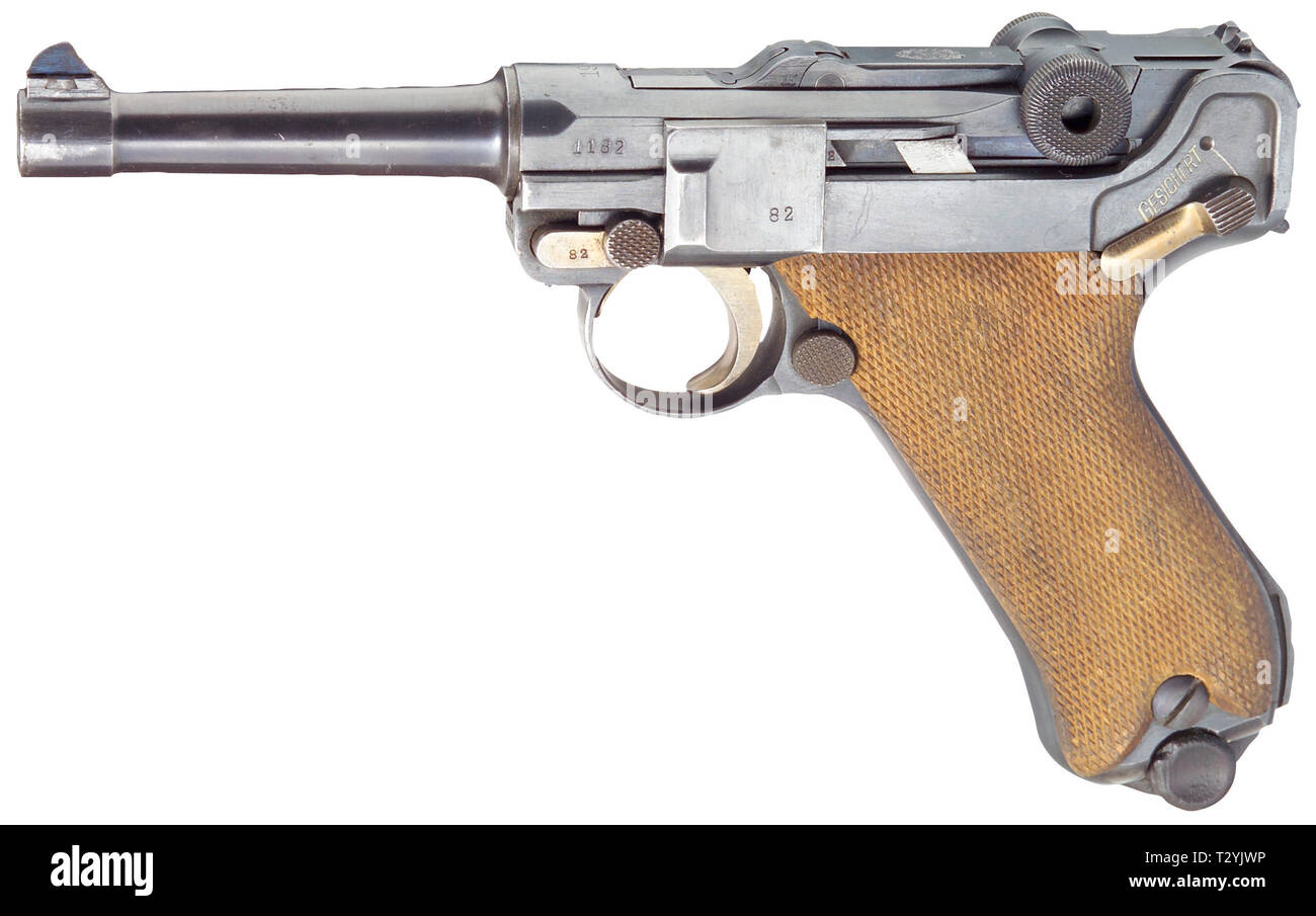 Piccole armi, pistole, Luger pistola 08, Parabellum calibro 9 mm, fabbricato da Deutsche Waffen- und Munitionsfabriken, Additional-Rights-Clearance-Info-Not-Available Foto Stock