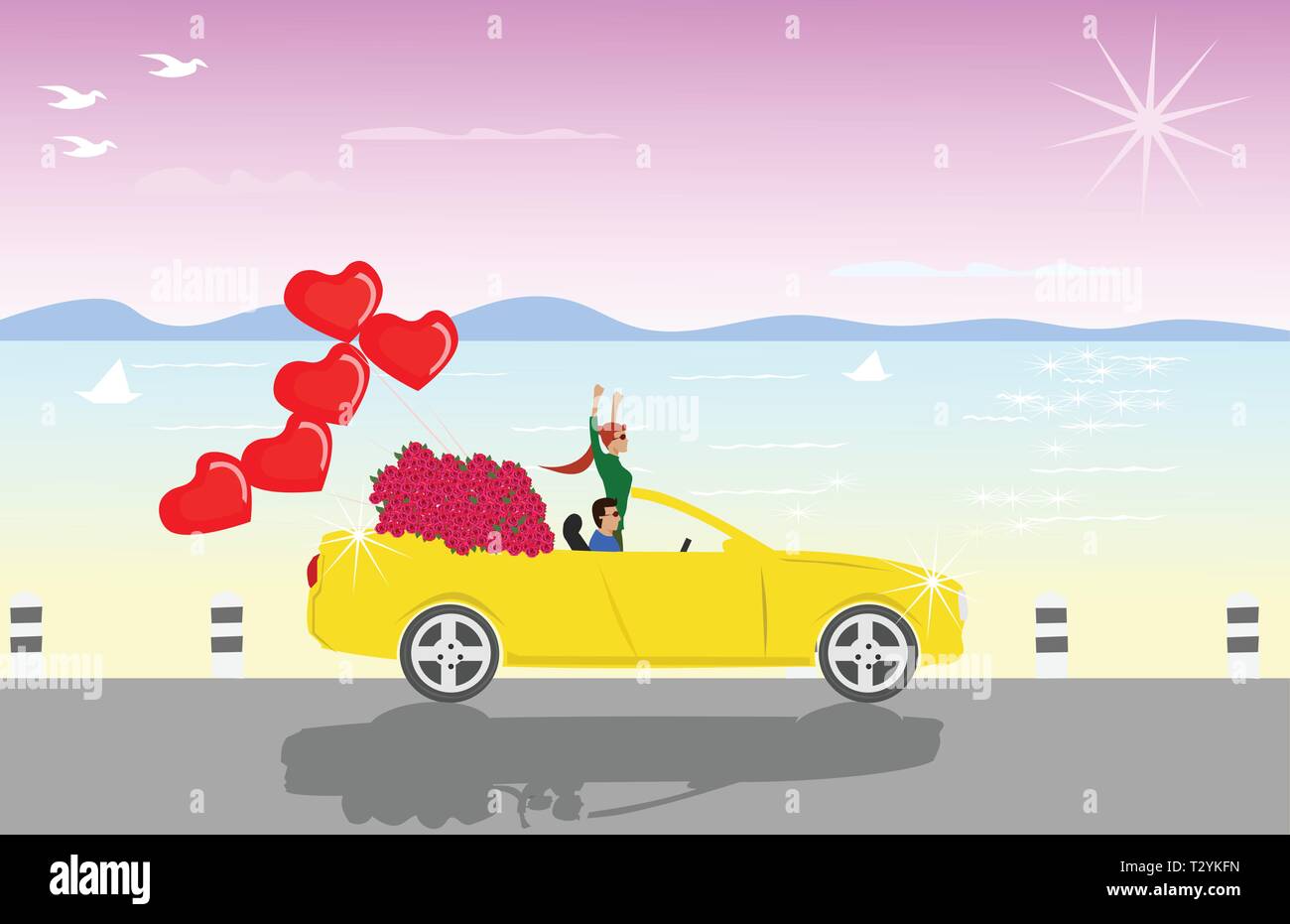 Le coppie di sedersi su un convertibile giallo con rose rosse e rosso a forma di cuore palloncini. Con il mare come sfondo Illustrazione Vettoriale