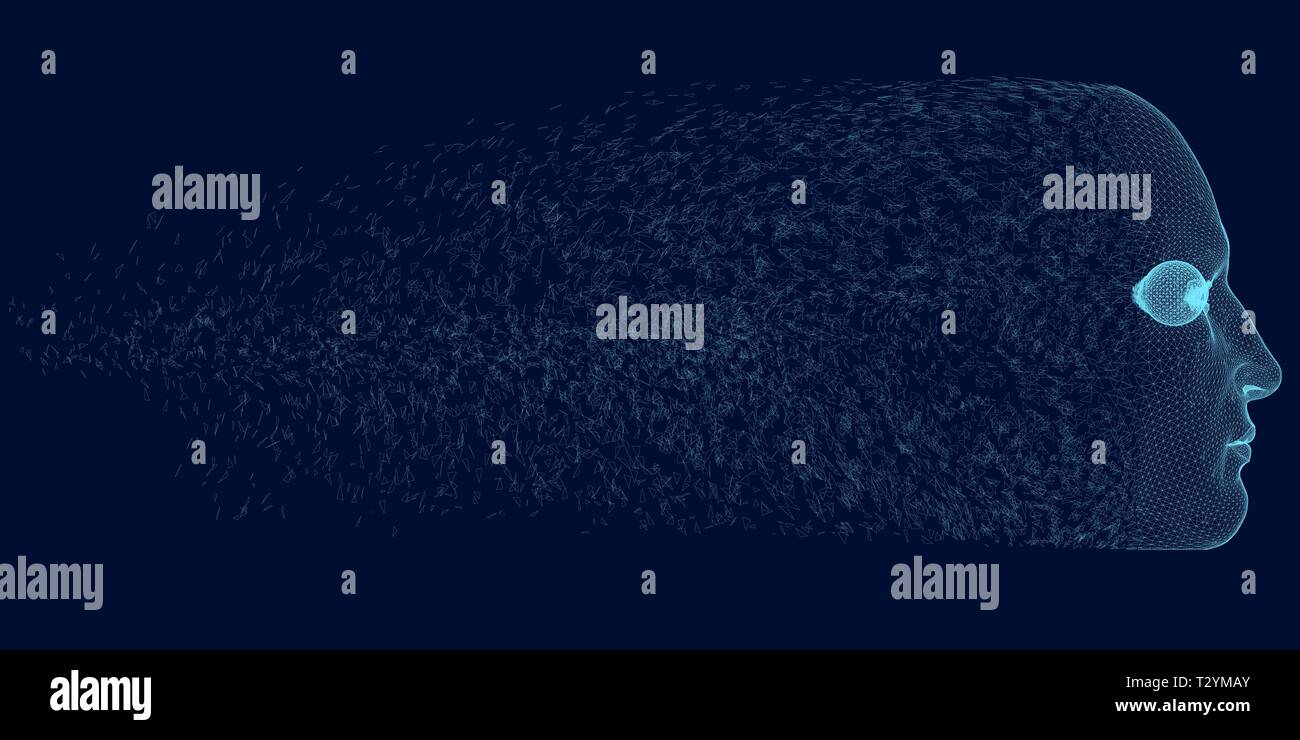 Testa della persona si disperde in piccoli frammenti. 3D. Vista laterale. Wireframe della testa di un uomo di linee blu su uno sfondo scuro. Illustratio vettore Illustrazione Vettoriale