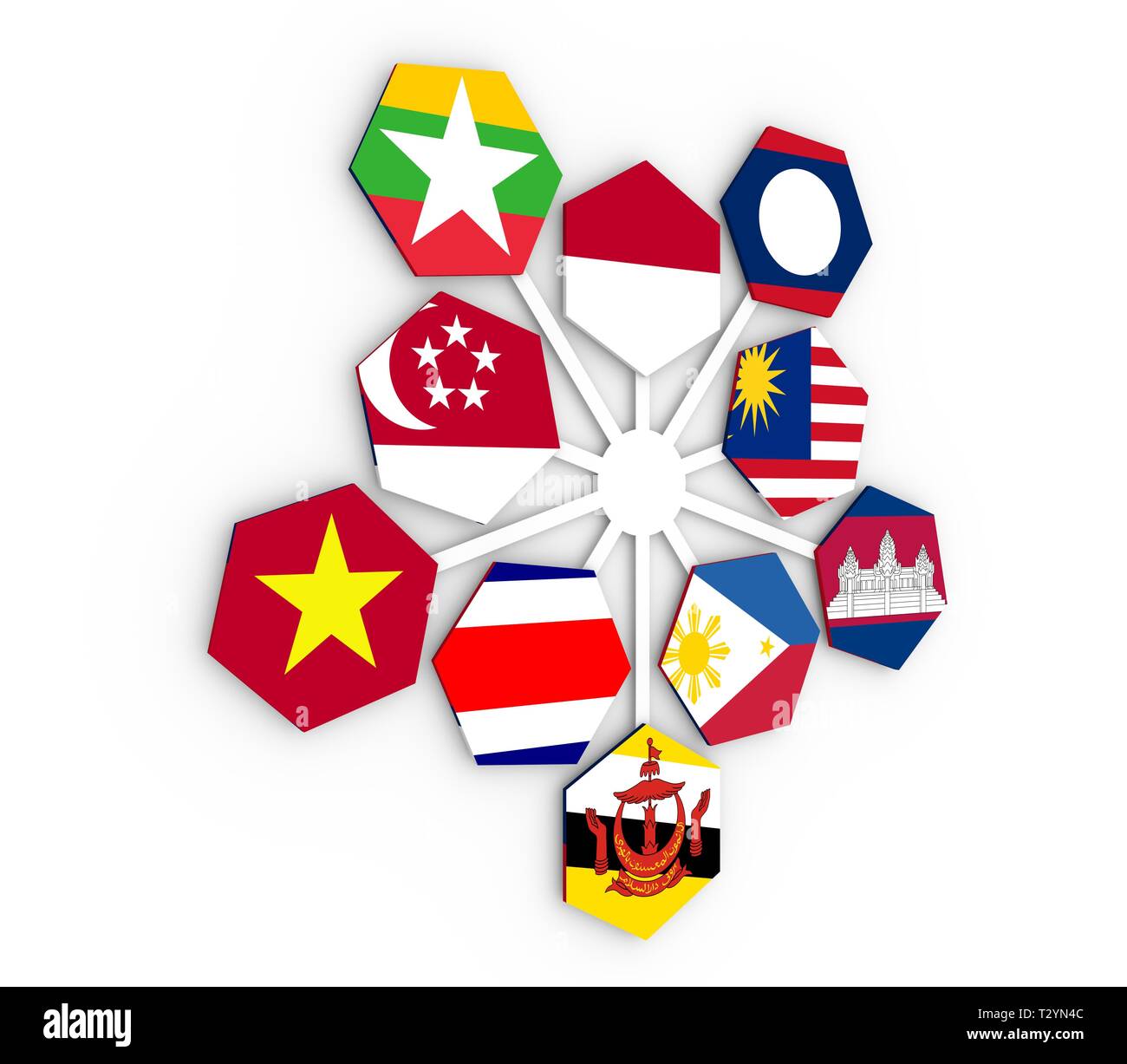 L'ASEAN - organizzazione politica ed economica dei dieci paesi del Sud-Est asiatico. I membri dell'Unione bandiere. Il rendering 3D Foto Stock