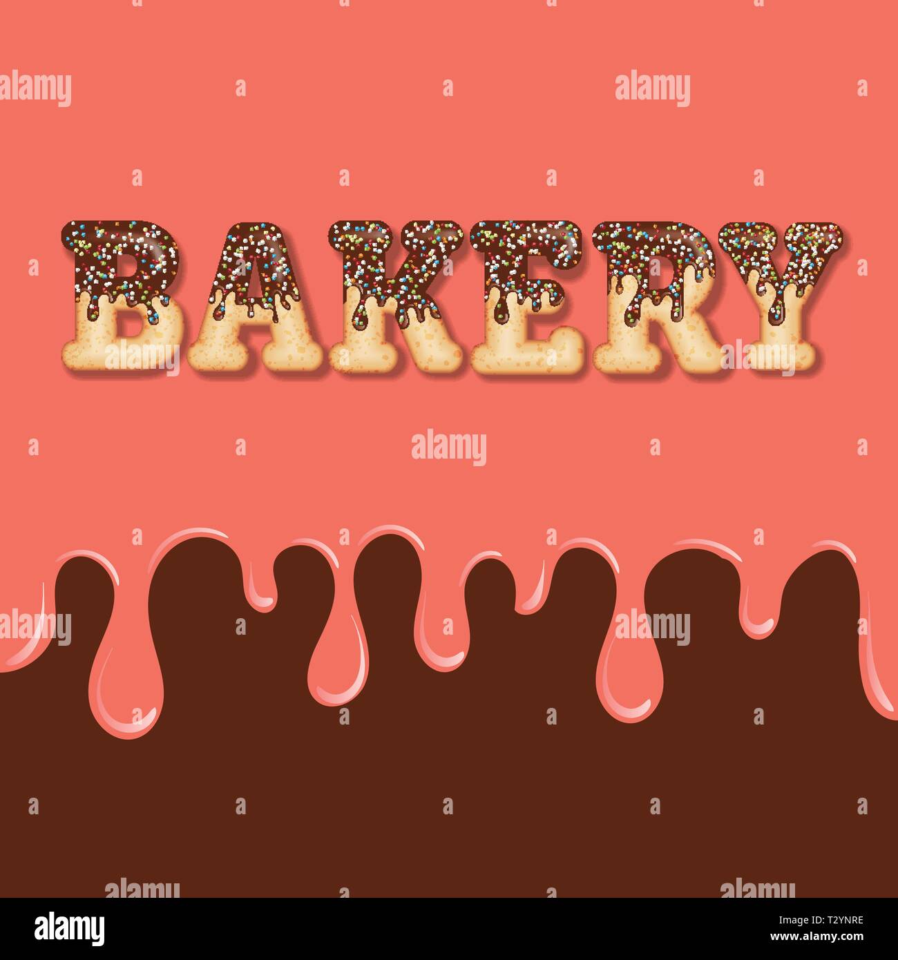 Tipografia allettante. Testo di glassa. La parola "panificio' vetrate con cioccolato e caramelle. Lettere a ciambella. Vettore Illustrazione Vettoriale